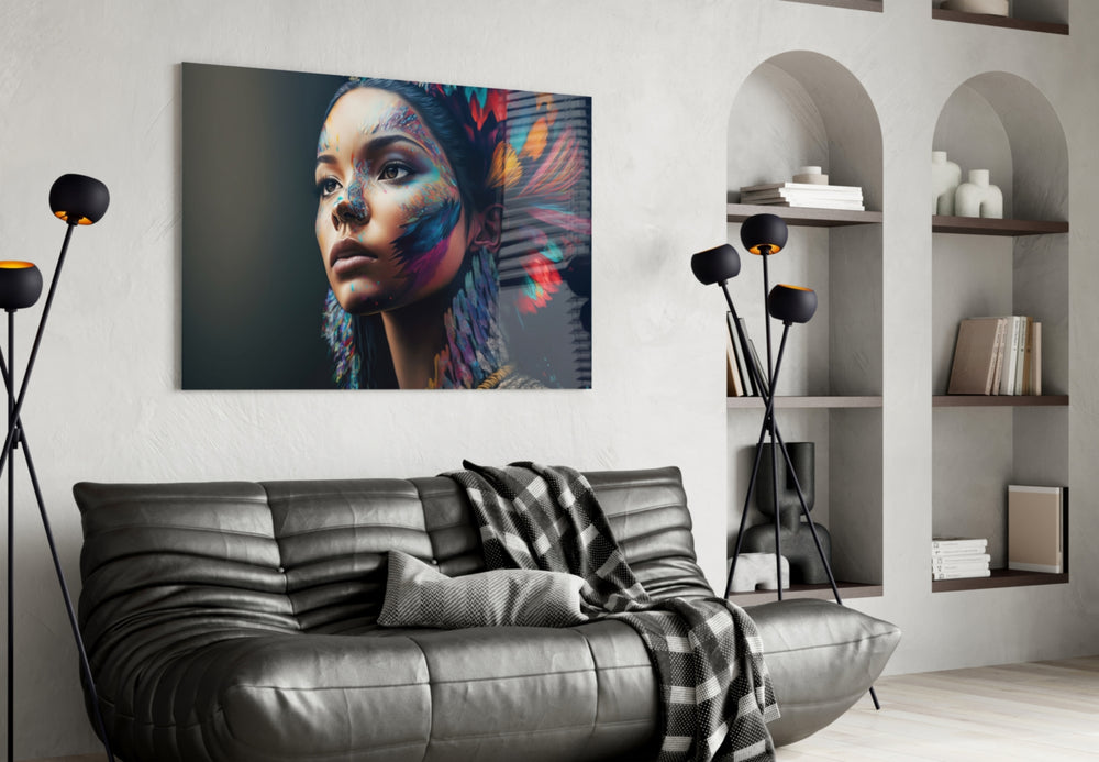 Girl with a Tattoo glass wall art styled above a sideboard in a hallway