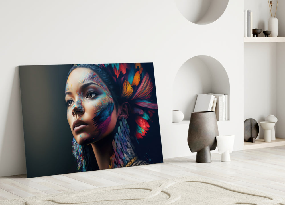 Girl with a Tattoo close-up showing muse beneath a crown of jewel-toned feathers