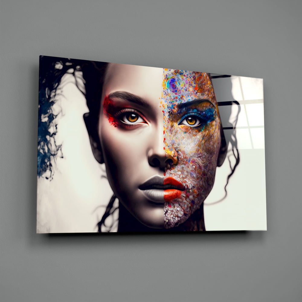 Surreal-portrait panel bringing dreamlike duality to a contemporary living room
