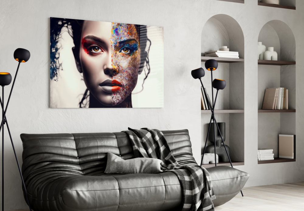 From Cartoon to Reality glass wall art styled above a sideboard in a hallway