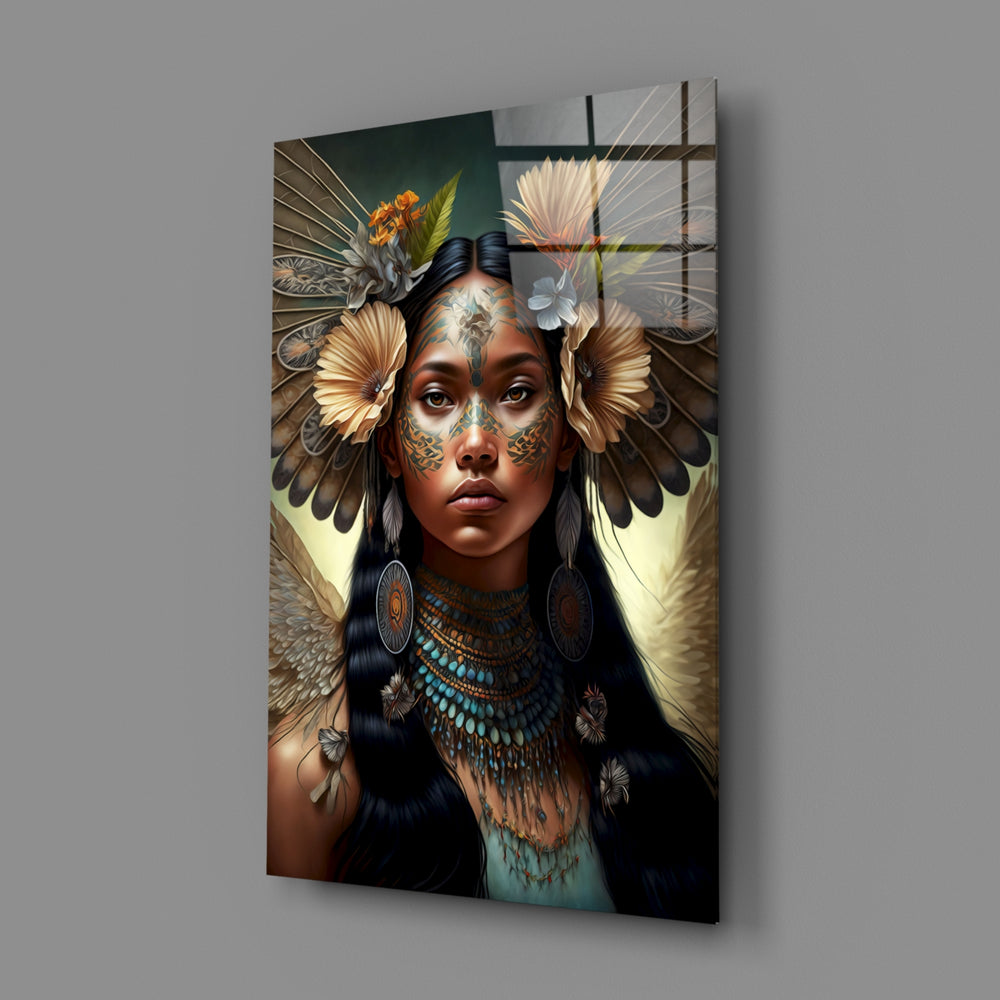 Tribal-portrait panel bringing meditative grace to a contemporary hallway