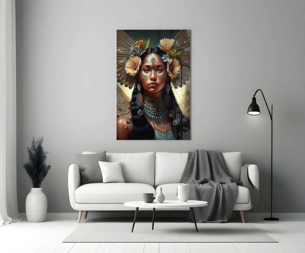 Princess of Flowers close-up showing indigenous muse with golden marigolds and turquoise beads