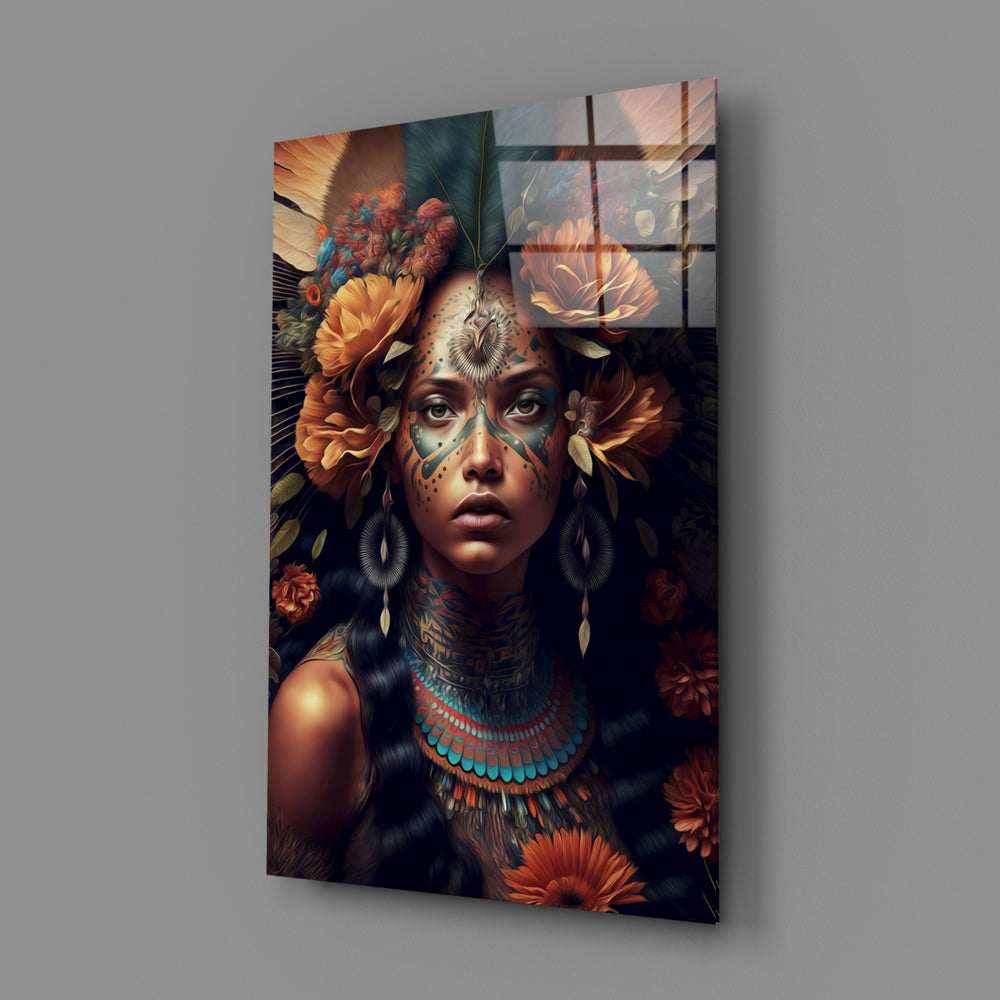 Tribal-portrait panel bringing meditative grace to a contemporary hallway