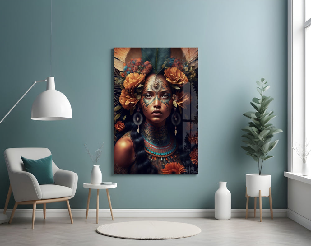 Beauty of the Clan glass wall art styled above a console in a living room