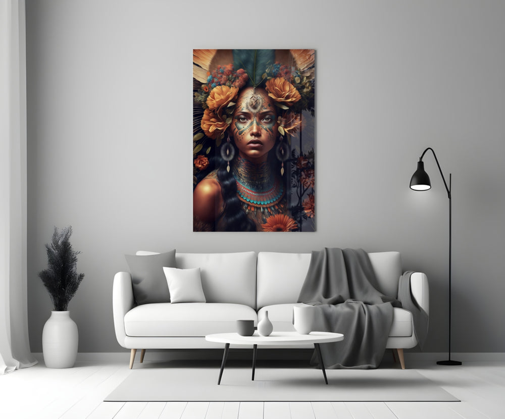 Beauty of the Clan close-up showing indigenous muse with saffron peonies and butterfly wings