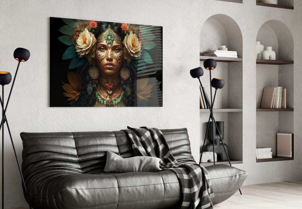 Beauty of the Clan glass wall art styled above a headboard in a bedroom