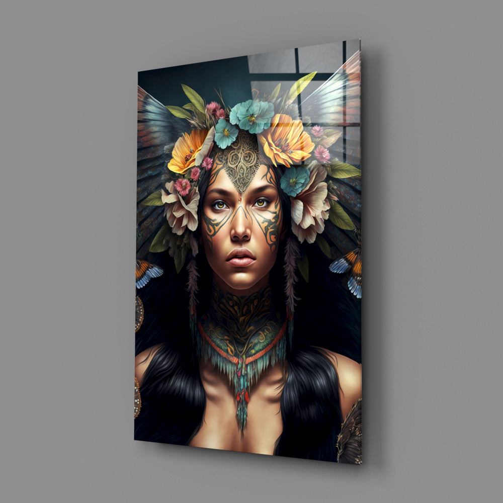 Tribal-portrait panel bringing kinetic grace to a contemporary hallway