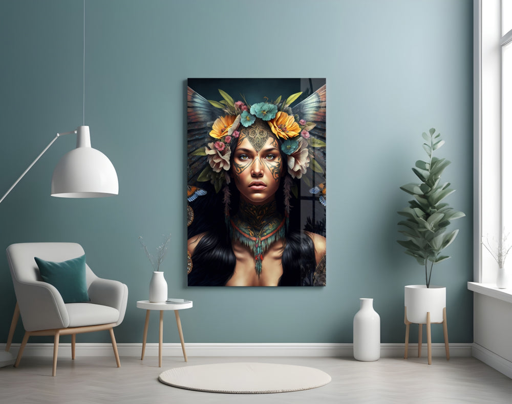 Warrior Beautiful glass wall art styled above a console in a living room