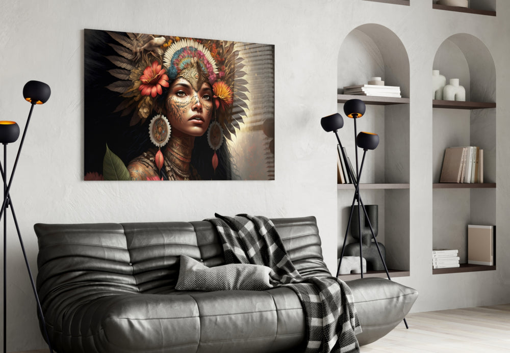 Beauty of the Clan glass wall art styled above a headboard in a bedroom