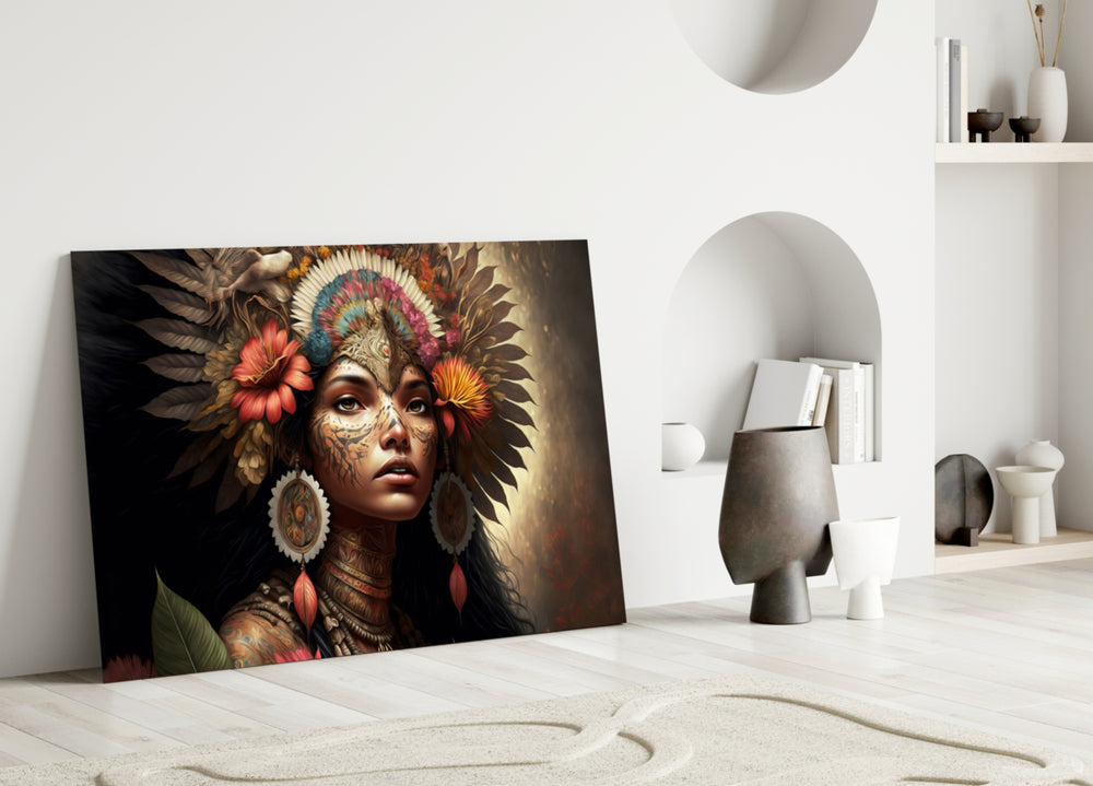 Beauty of the Clan close-up showing indigenous muse with feather headdress and dreamcatcher earrings