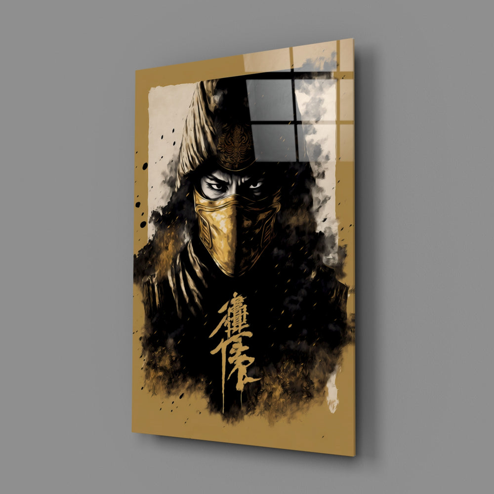 Samurai-cinema panel bringing kinetic gravity to a contemporary office