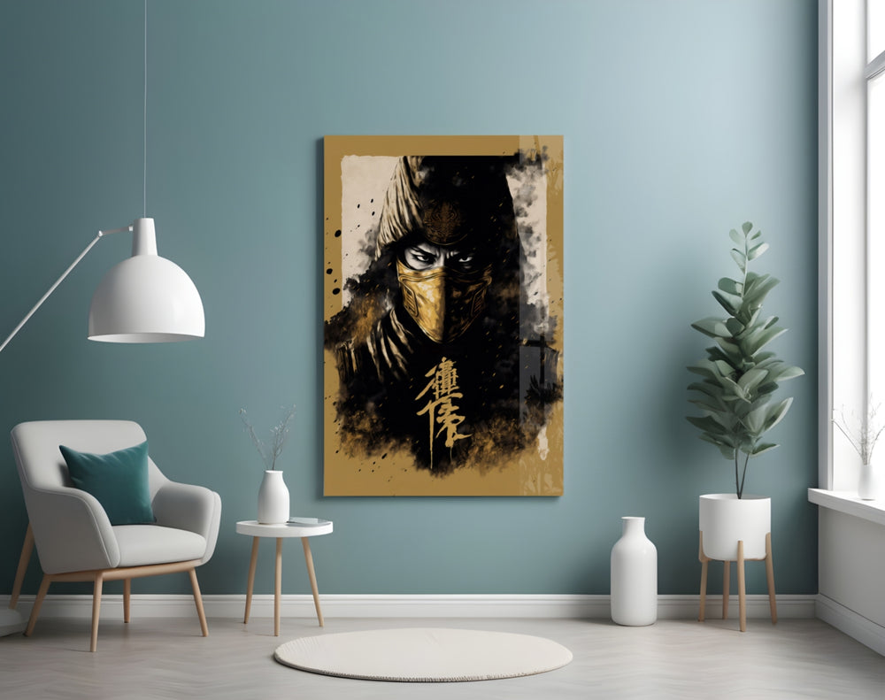 Master Fighter glass wall art styled above a desk in a study