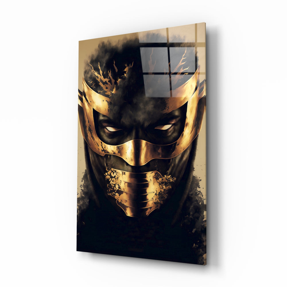 Masked Horror glass wall art displayed above a black leather sectional in a moody man cave with brass sconces