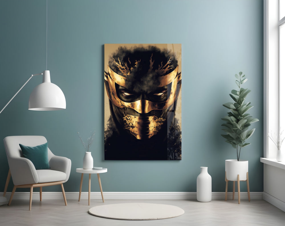 Masked Horror glass wall art styled above a desk in a study