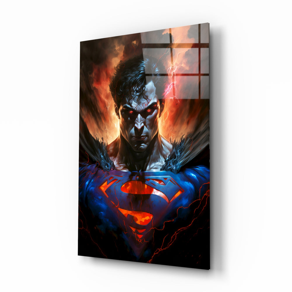 Bloody Superman glass wall art displayed above a black leather sectional in a moody home theater with blackout drapes