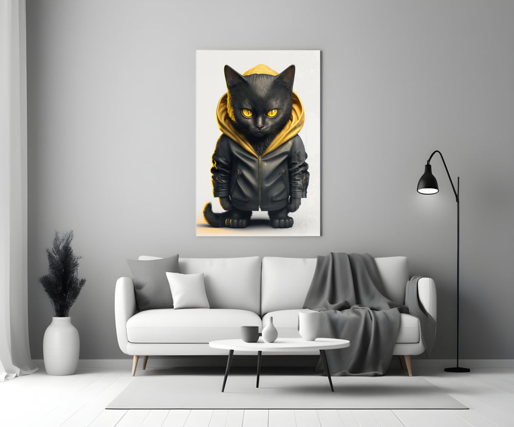 Cutie Cool close-up showing black kitten in leather jacket and yellow hoodie