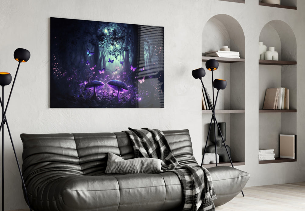 Mushrooms' Love glass wall art styled above a console in a hallway