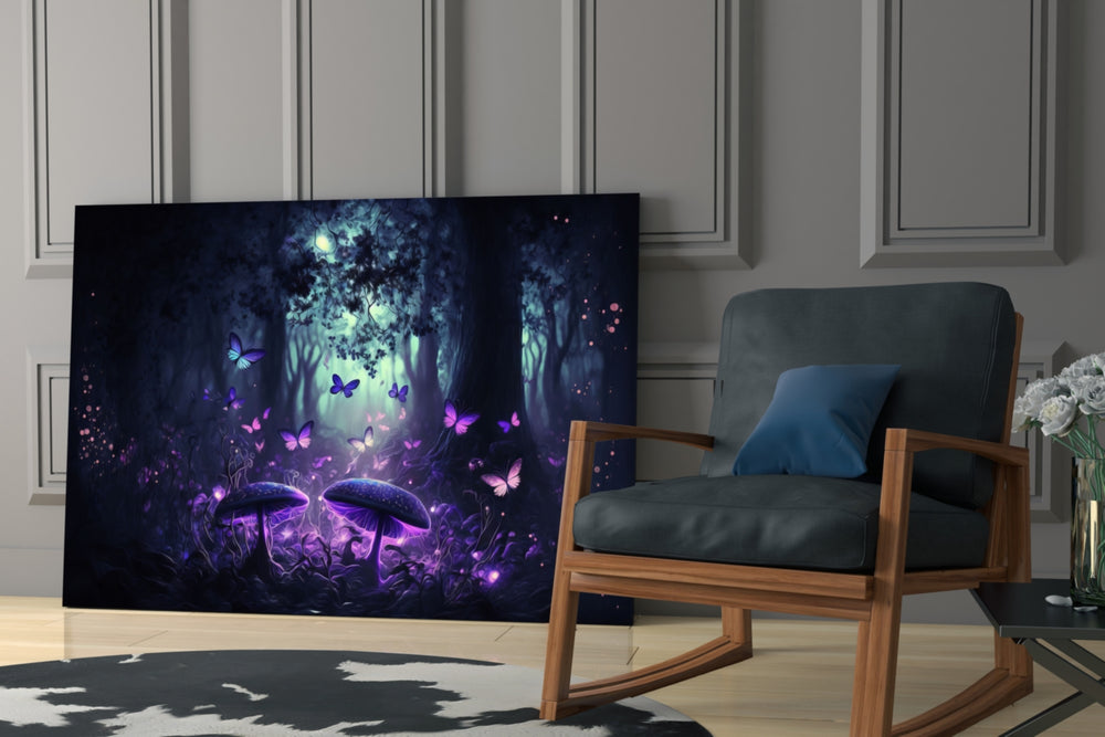 Mushrooms' Love glass print enhancing a bathroom with cinematic mood