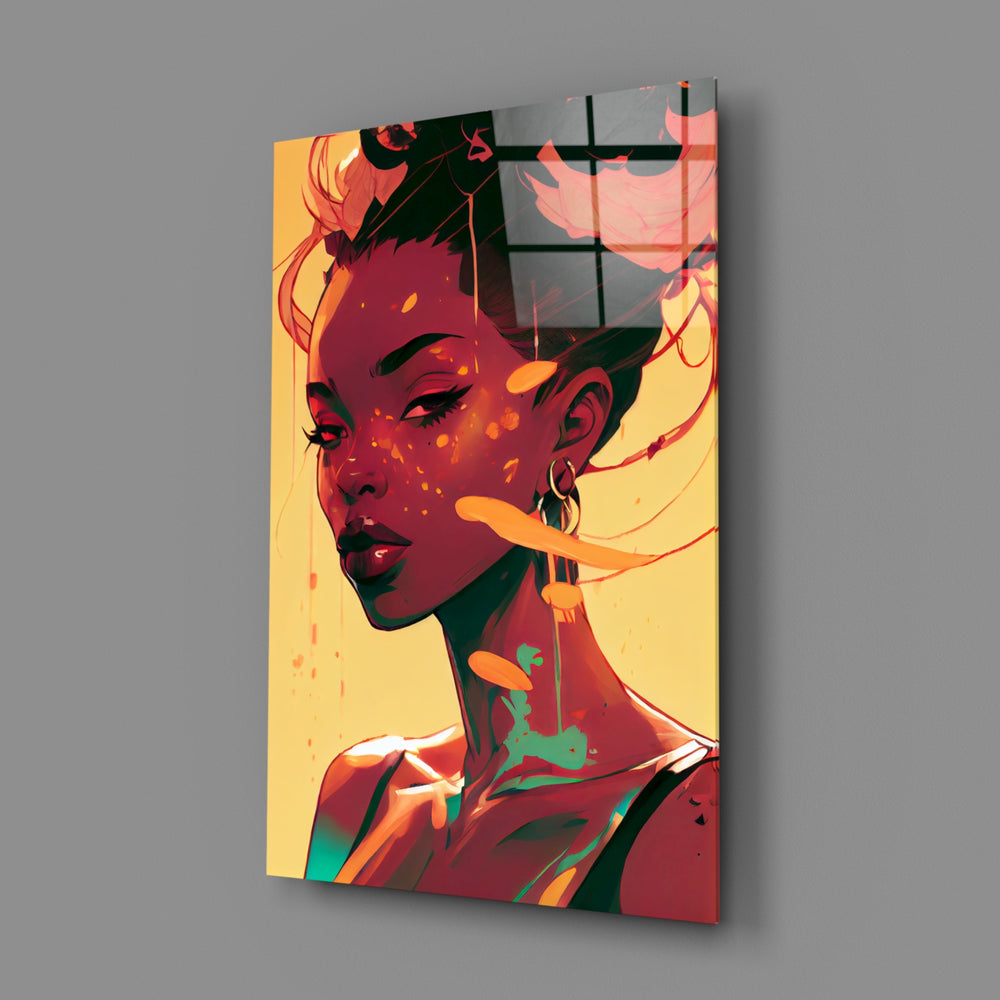Stylized-portrait panel bringing luminous grace to a contemporary hallway