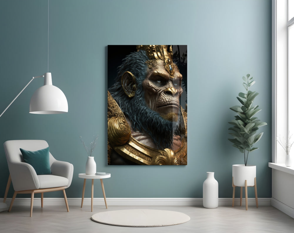 Ape King glass wall art styled above a desk in an office