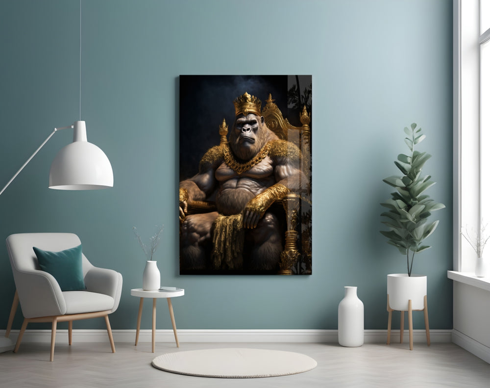 Ape King in Throne glass wall art styled above a desk in an office
