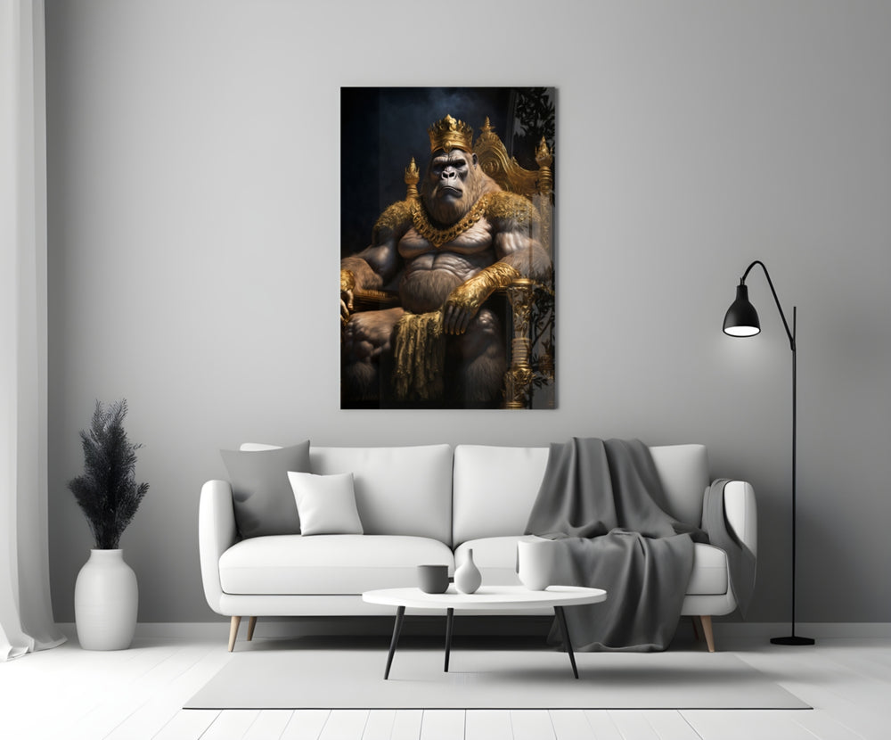 Ape King in Throne close-up showing crowned silverback on golden throne
