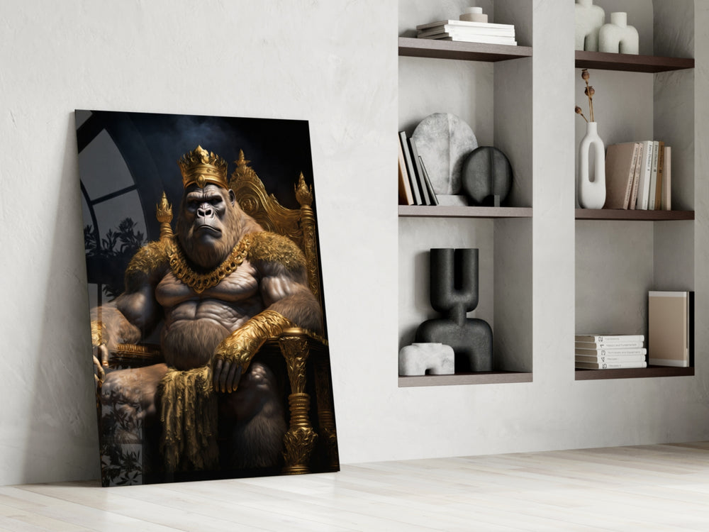 Ape King in Throne glass print enhancing a living room with cinematic mood