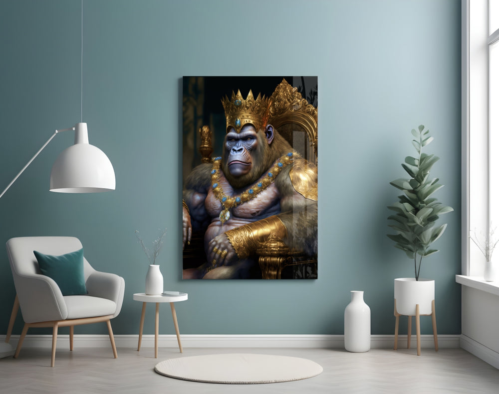 Ape King in Throne glass wall art styled above a desk in an office