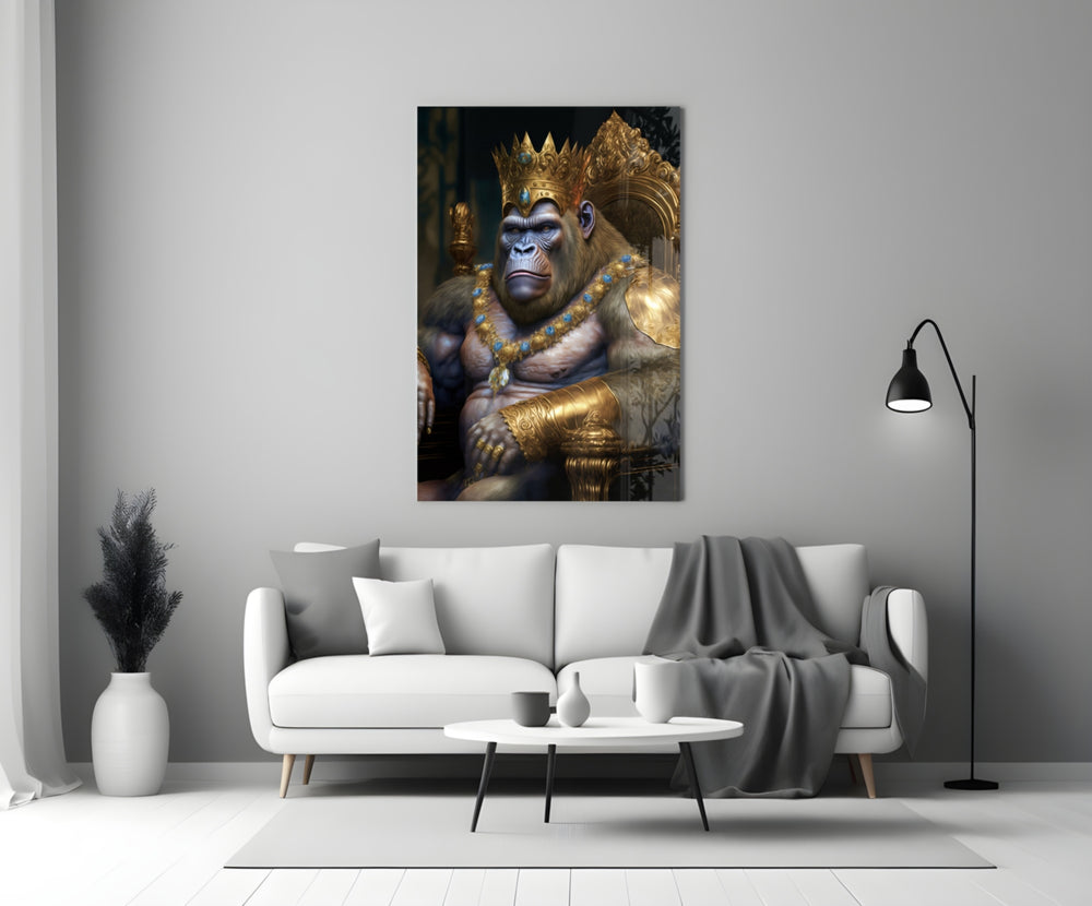 Ape King in Throne close-up showing crowned silverback with sapphire-jeweled gold crown