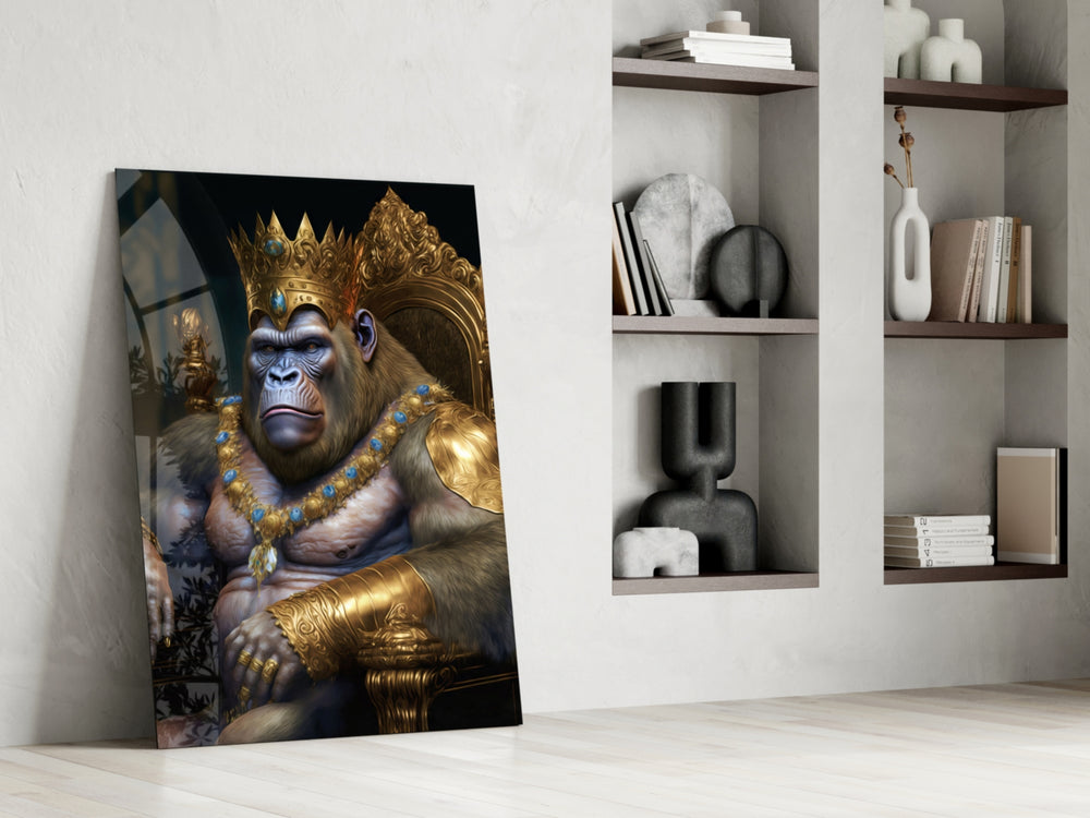 Ape King in Throne glass print enhancing a living room with cinematic mood