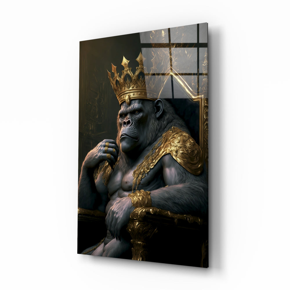 Ape King in Throne glass wall art displayed above a walnut console in a moody hallway with brass sconces