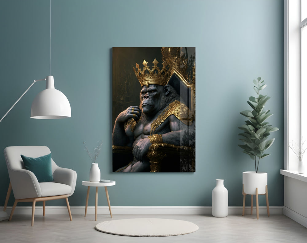 Ape King in Throne glass wall art styled above a desk in an office
