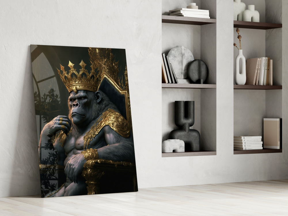 Ape King in Throne glass print enhancing a living room with cinematic mood