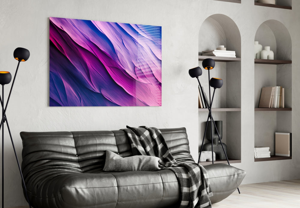 Purple Dance glass wall art styled above a console in a hallway