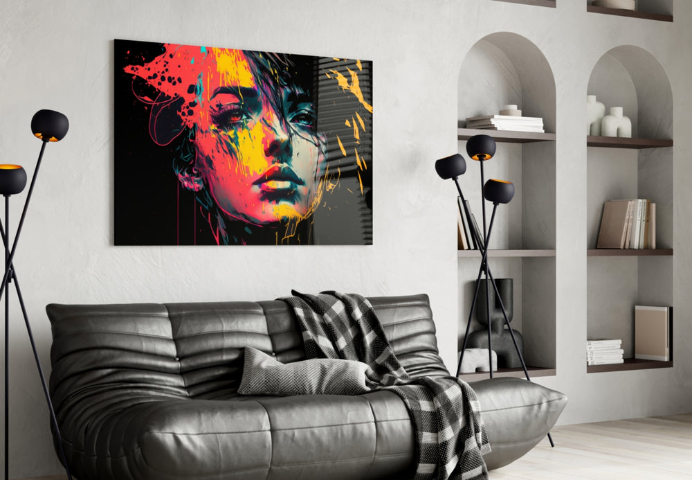 Rebel Beauty glass wall art styled above a console in a hallway