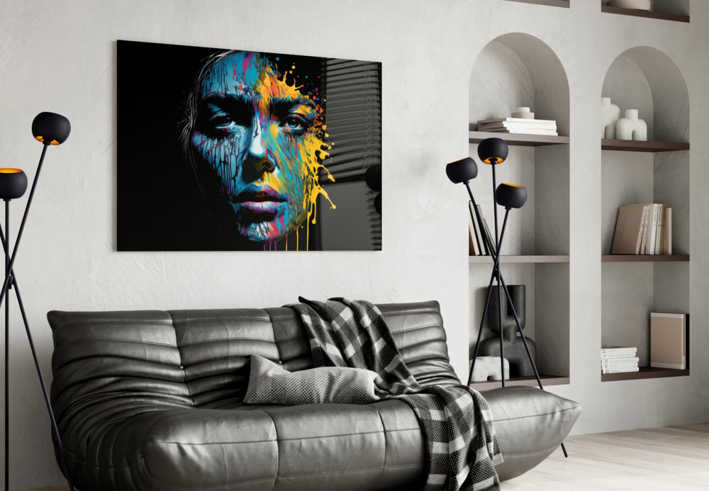 Beautiful Splash glass wall art styled above a console in a hallway