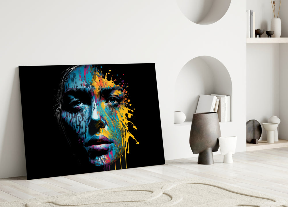 Beautiful Splash close-up showing half-faced muse with cyan cheek and rainbow splatters