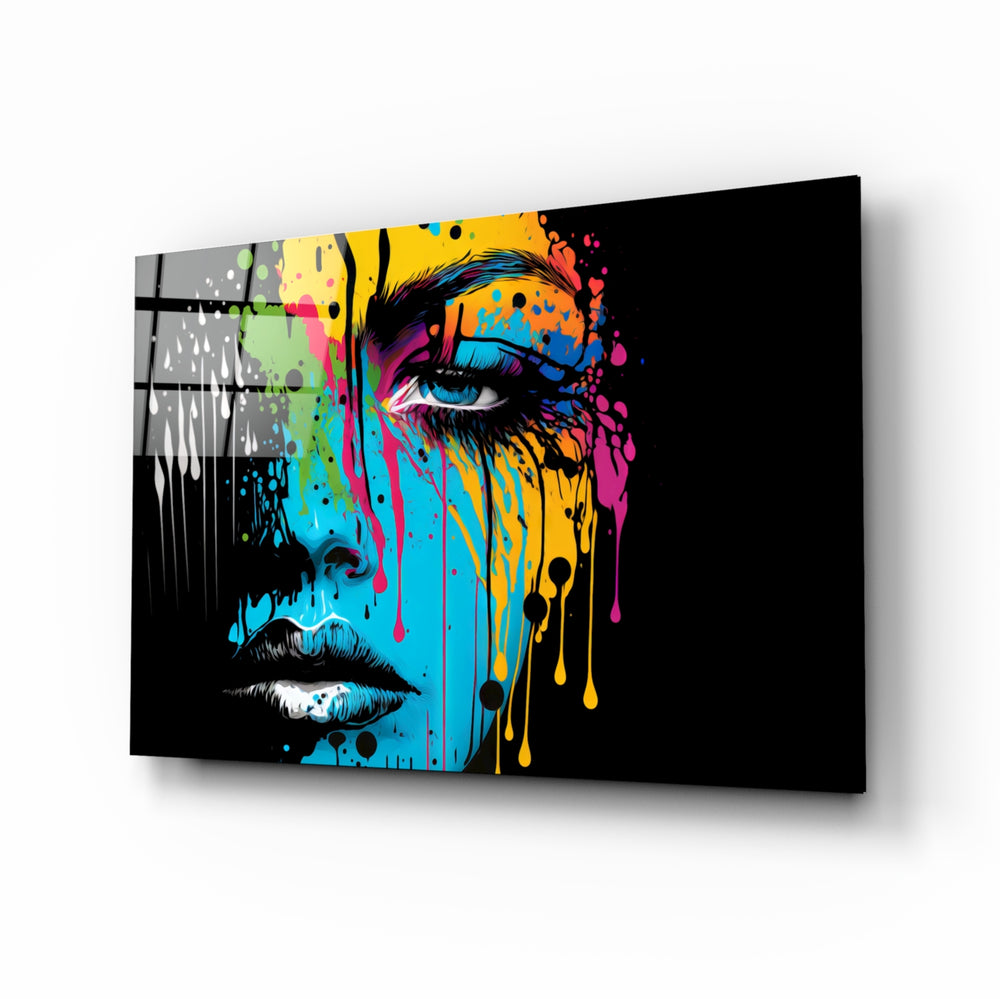Melting Beauty glass wall art displayed above a desk in a moody teen lounge with cyan and magenta LED accents