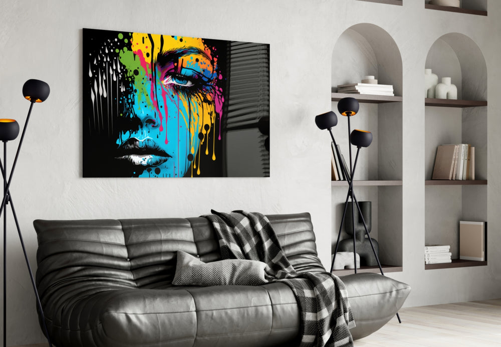 Melting Beauty glass wall art styled above a console in a hallway