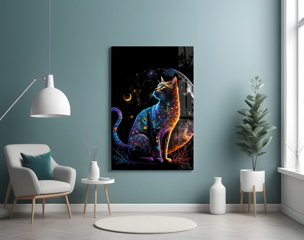 Moon Cat glass wall art styled above a console in a living room