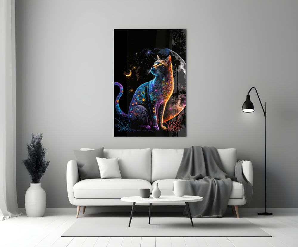 Moon Cat close-up showing ornate cat beneath crescent moon with ember and cobalt curls