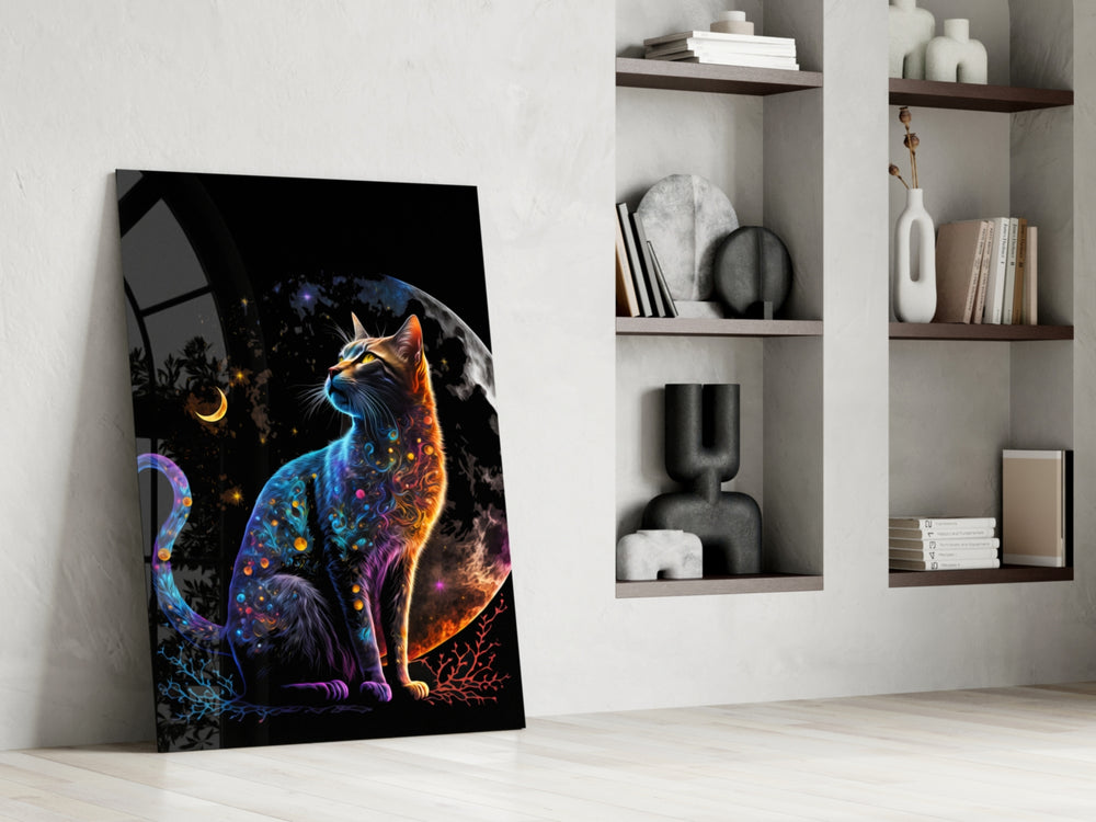 Moon Cat glass print enhancing an office with cinematic mood