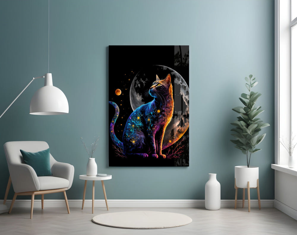 Moon Cat glass wall art styled above a console in a living room