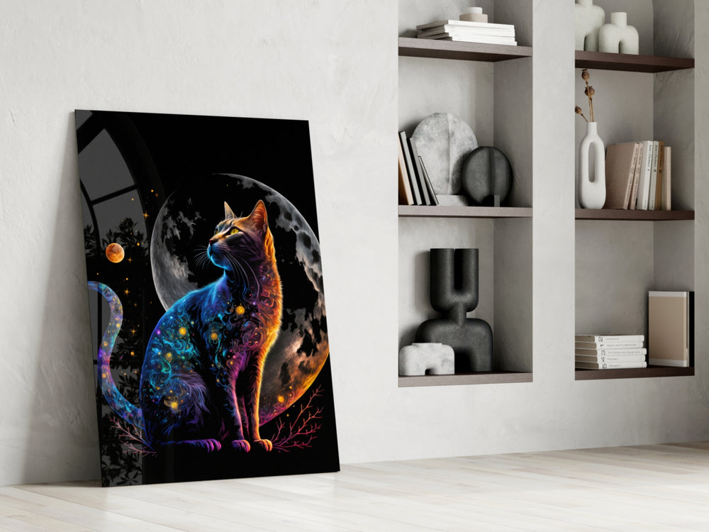 Moon Cat glass print enhancing an office with cinematic mood