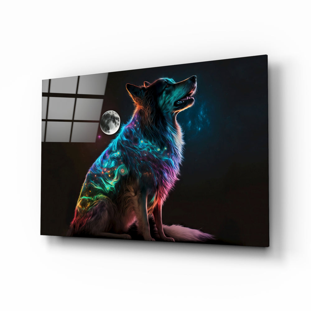 Space Dog glass wall art displayed above a desk in a kids room with cyan and ember LED accents