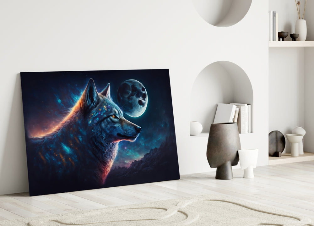 Sparkling Freedom close-up showing starlit wolf profile beneath luminous moon