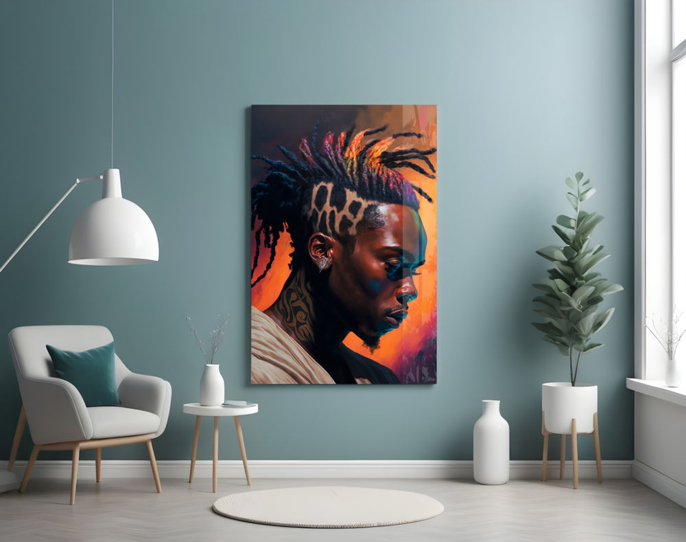 Roy Woods glass wall art styled above a desk in a music room