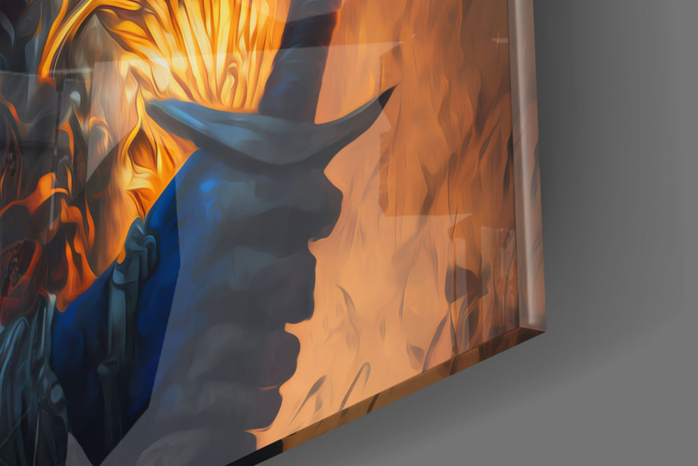 Master Warrior artwork anchoring a wall with bold dramatic palette
