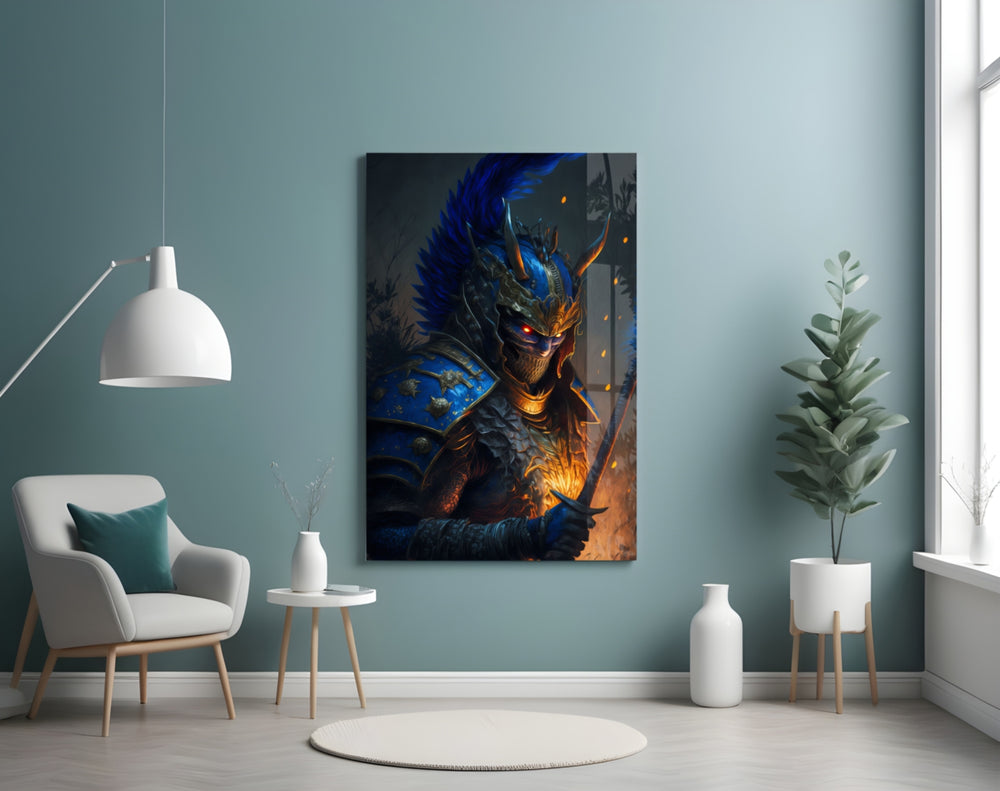 Master Warrior glass wall art styled above a desk in an office