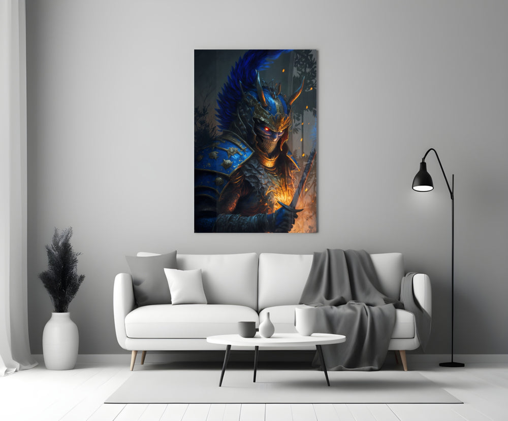 Master Warrior close-up showing dragon-knight with horned gold mask and blue flame mane